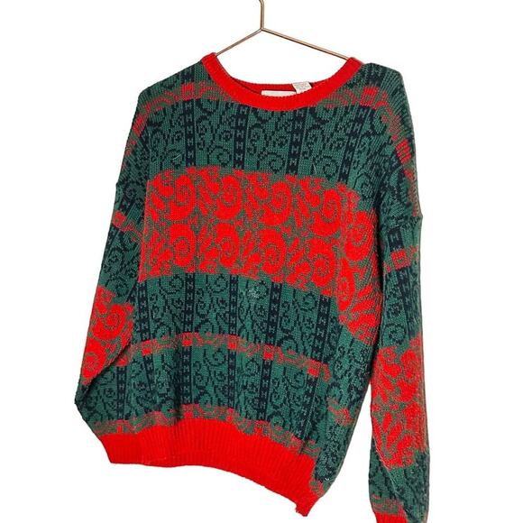 Vintage Tarrazia Red Green Holiday Crewneck Longsleeve Geometric Sweater Size M - Picture 1 of 10